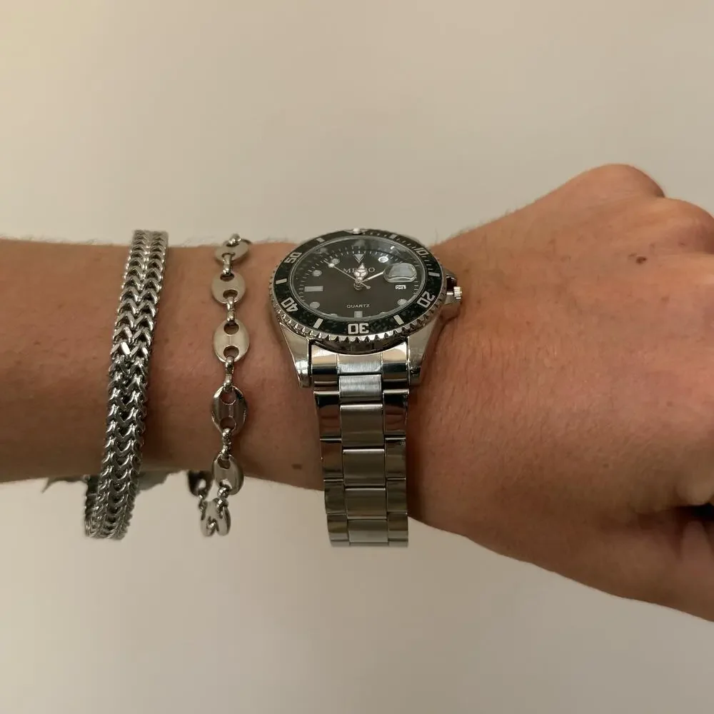 Y2K Silver Black Diver Style Quartz Watch with Date Unisex 8.5" New - Picture 3 of 5